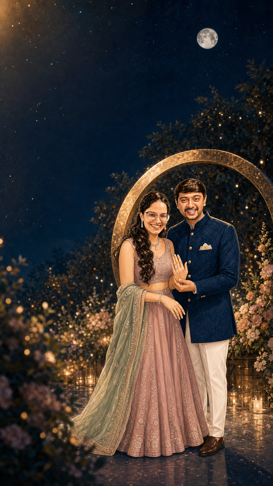 Illustrated portrait of Harsh and Nishita in engagement attire