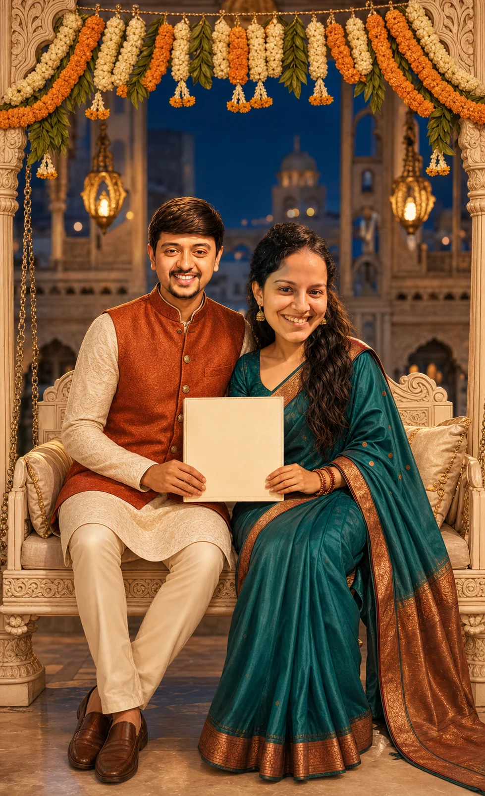 Seated caricature of Harsh in ivory and rust and Nishita in a teal engagement saree holding their invitation
