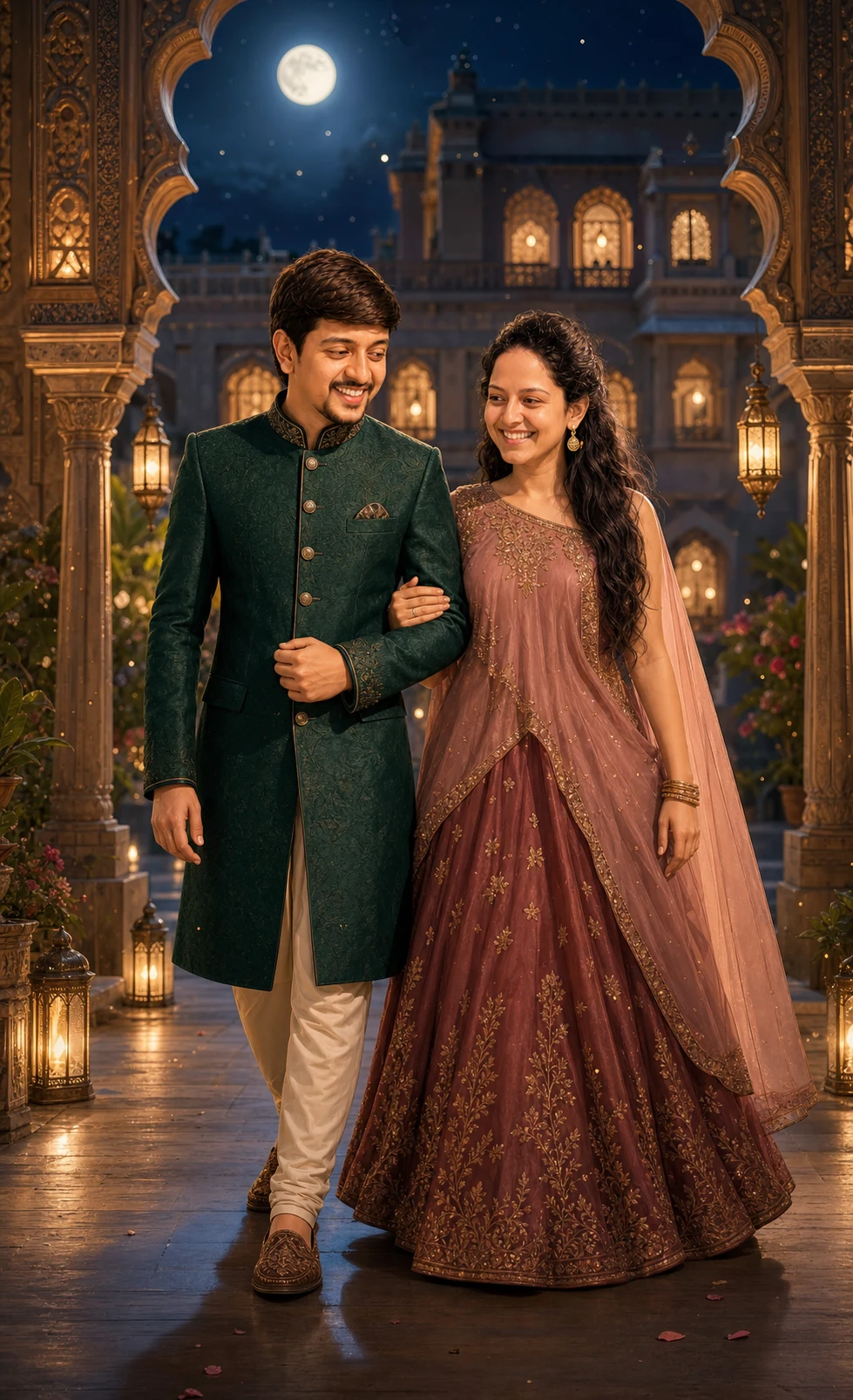 Caricature of Harsh in an emerald achkan and Nishita in a rose engagement lehenga walking together
